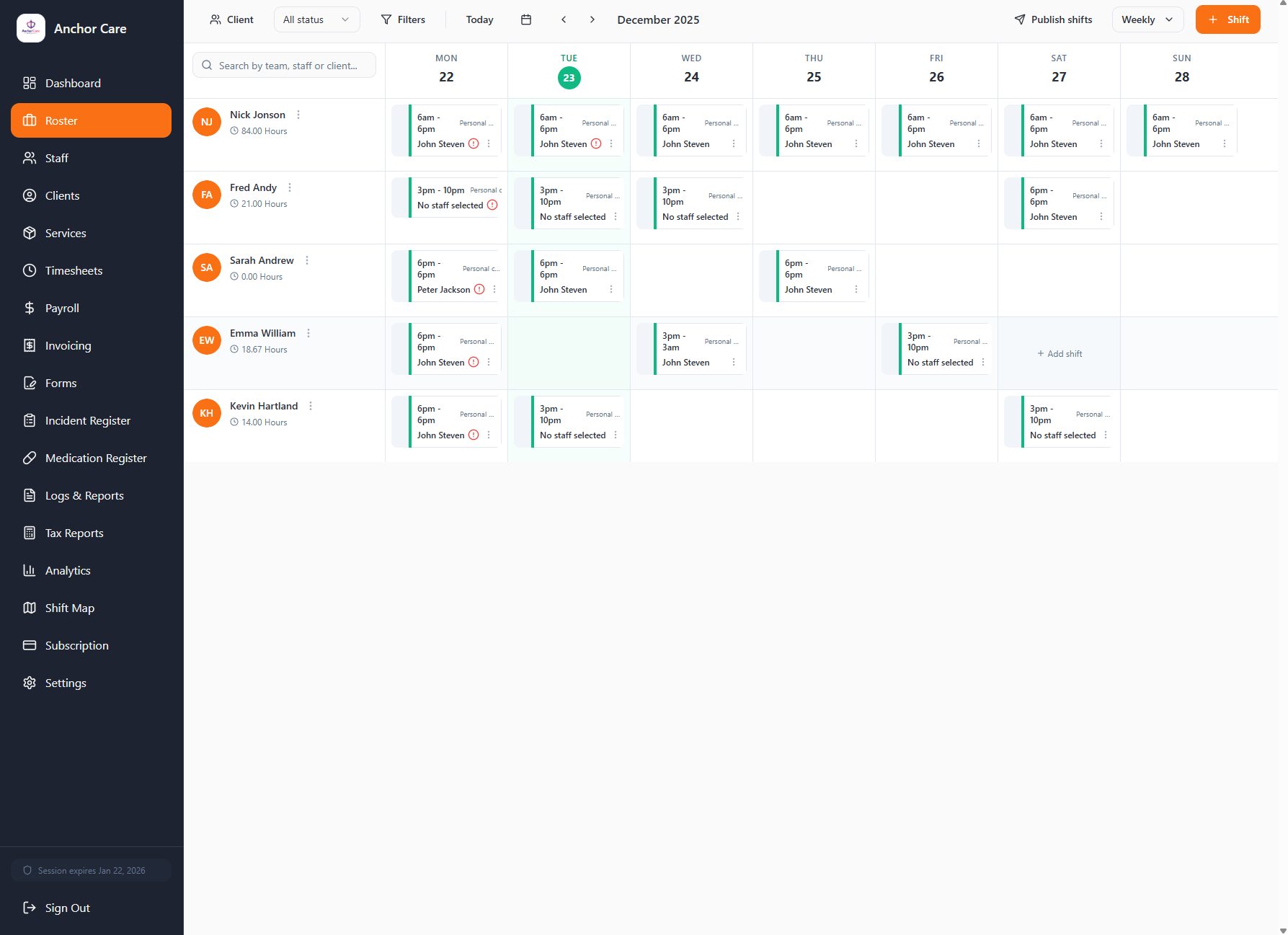 The RosterRoo weekly roster grid showing shifts across a support team