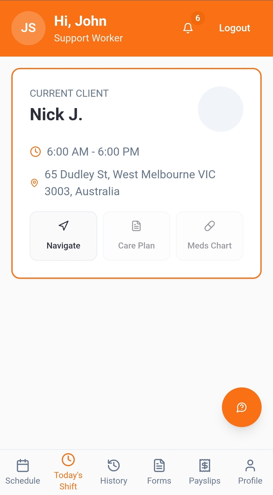 The RosterRoo worker app showing a support worker's shift list